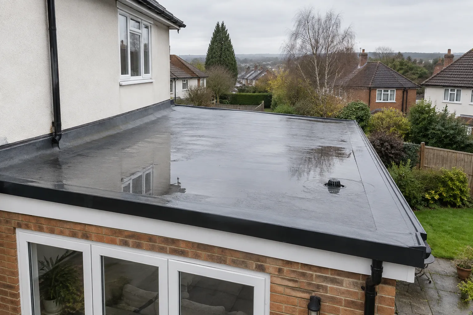 A flat roof with standing water pooling near a drainage outlet