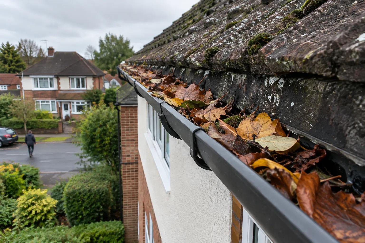 A roof gutter full of autumn leaves and debris